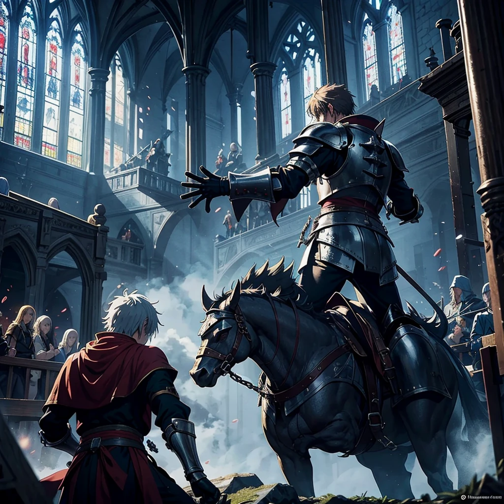 Anime fight, fighting knights, epic battle, in gothic church, super detailed