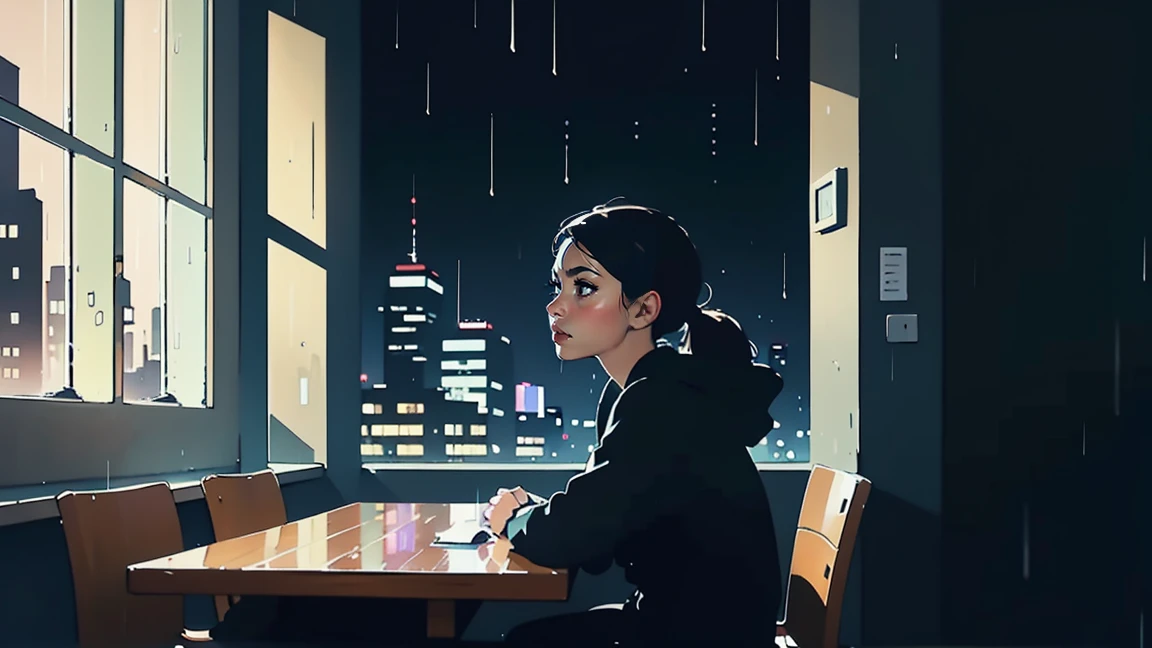 girl, next to a window, at nigh, midnight, raining