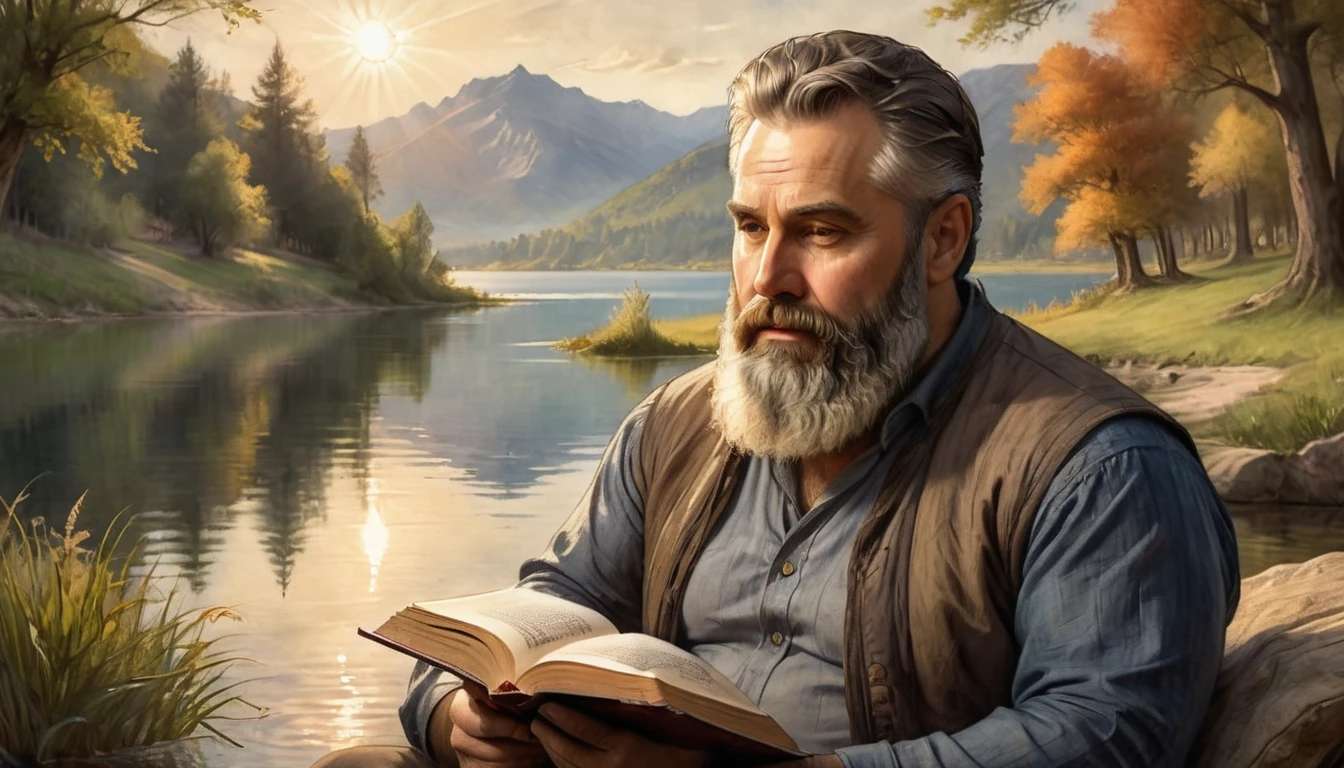 a middle-aged man with a beard sitting by a lake, reading a book intently, divine light shining down, detailed facial features, looking reverent, biblical atmosphere, serene landscape, dramatic lighting, glowing aura, painterly style, warm color palette, oil painting, highly detailed, photorealistic, 8k, masterpiece