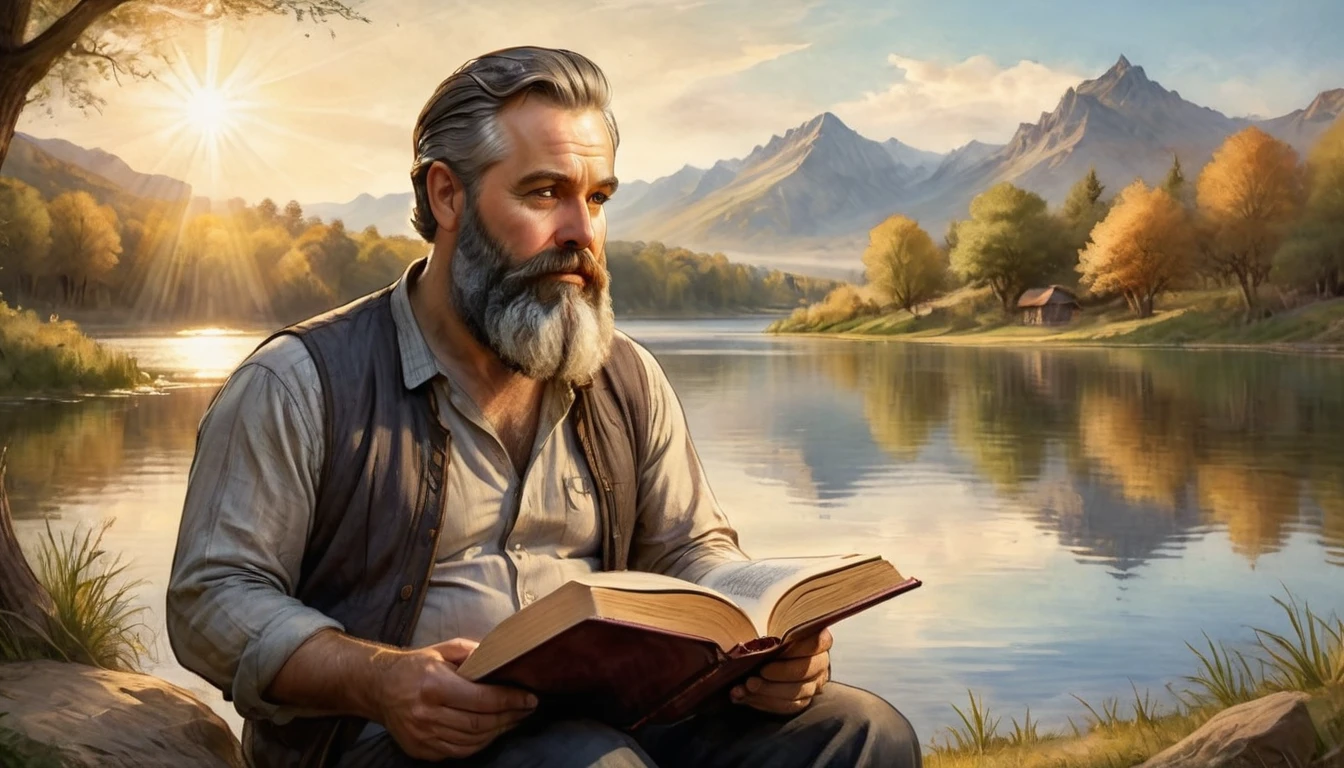 a middle-aged man with a beard sitting by a lake, reading a book intently, divine light shining down, detailed facial features, looking reverent, biblical atmosphere, serene landscape, dramatic lighting, glowing aura, painterly style, warm color palette, oil painting, highly detailed, photorealistic, 8k, masterpiece