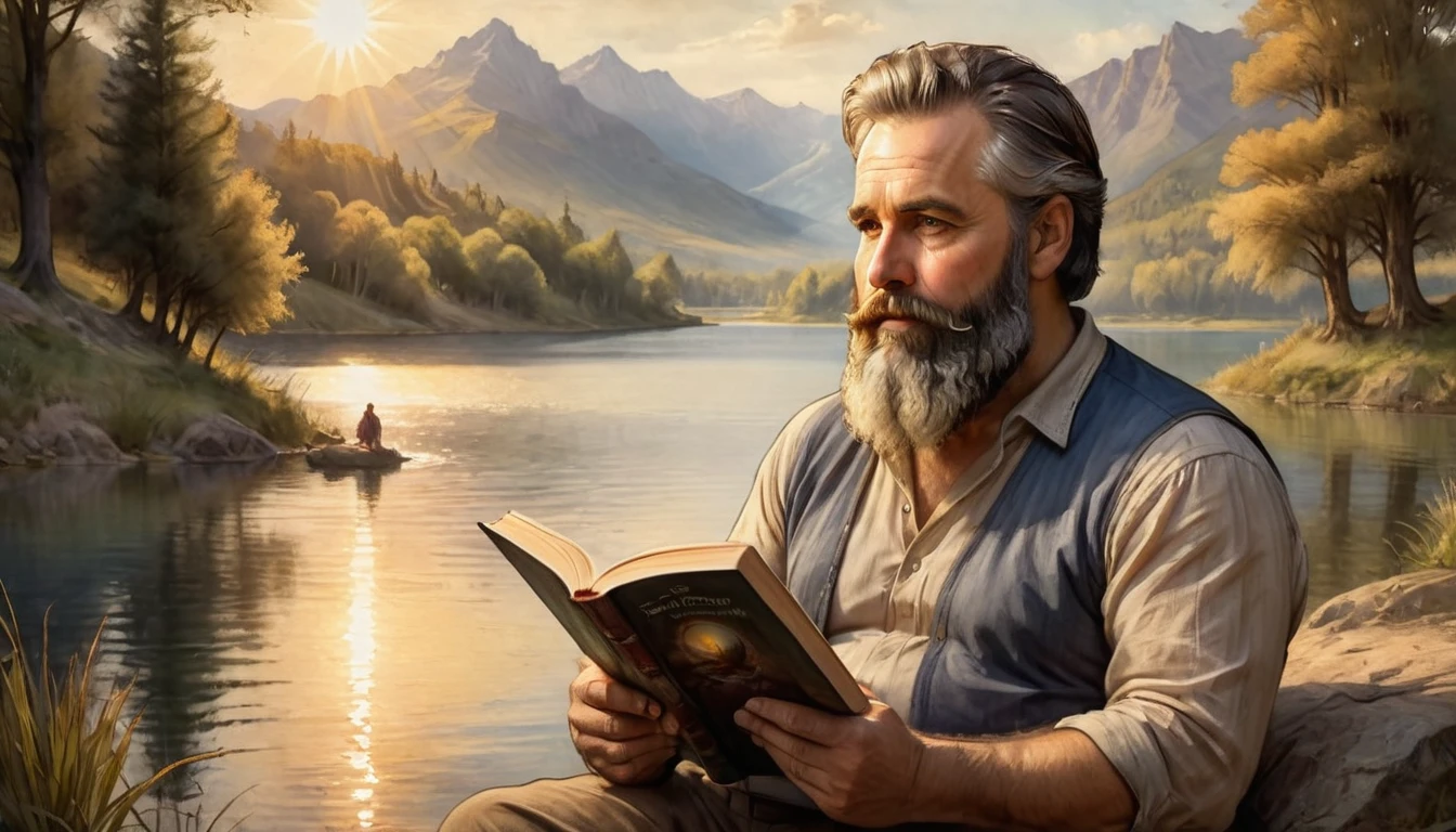 a middle-aged man with a beard sitting by a lake, reading a book intently, divine light shining down, detailed facial features, looking reverent, biblical atmosphere, serene landscape, dramatic lighting, glowing aura, painterly style, warm color palette, oil painting, highly detailed, photorealistic, 8k, masterpiece
