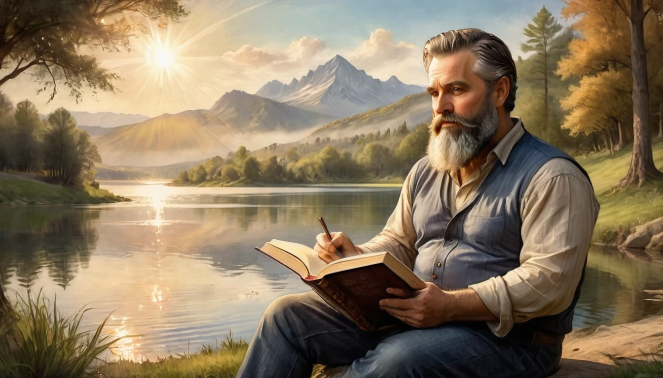 a middle-aged man with a beard sitting by a lake, reading a book intently, divine light shining down, detailed facial features, looking reverent, biblical atmosphere, serene landscape, dramatic lighting, glowing aura, painterly style, warm color palette, oil painting, highly detailed, photorealistic, 8k, masterpiece
