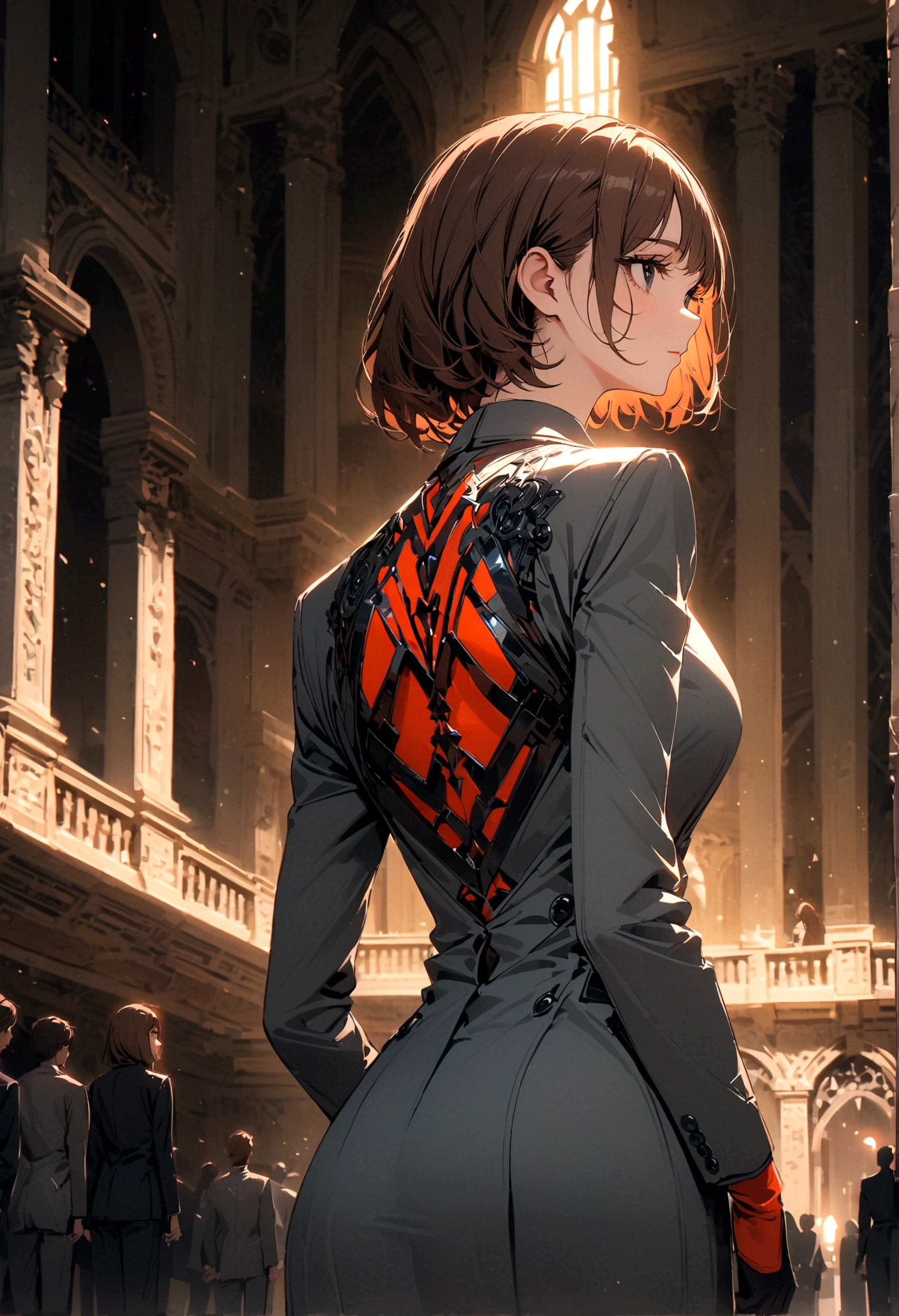 A brown-haired, black-eyed woman wearing a gray suit turned her back and half her face standing alone in the middle of the palace at night.
