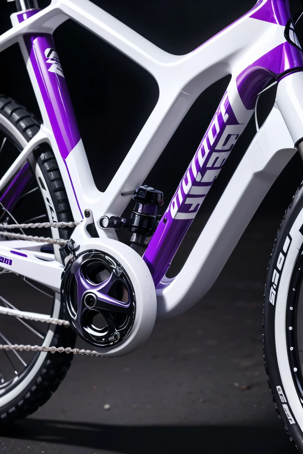 White bike with purple thunder stickers, suspension with purple stickers , purple handlebars ,