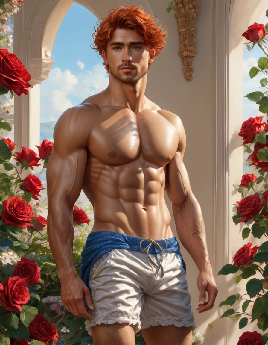 ((1 man full body wearing sleevsless t-shirt, bottomless, flip flop sandals,)) (front view )), in henry scott tuke and Peter Paul Rubens art style, ultra detailed, ultra realistic, ambient lighting, becoming the subject composition, soft neutral colors, perfect components layout, perfect detailed feet, divine proportions, wide angle, fullbody, in henry scott tuke art style, ultradetailed, ultrarealistic, 8k resolution, HD, a red head, hairy, slighly hairy body, slender, detailed eyes, detailed feet, detailed nose, detailed lips, detailed chin, detailed ears, detailed muscles, blue eyes, shirtless, barefoot, handsome, masculine, detailed feet, detailed hands, gorgeous, , perefect anatomy, skinny detailed muscles man He is wearing sleevsless t-shirt, bottomless, perfect detailed penis, flip flop sandals, standing  the background, modern deco living room, with large windows to see the roses garden, daylight, high quality masterful still-life painting, oil painting, vibrant rich colors, atmospheric perspective, depth, illustration, intricate details, ultra high resolution, sharp details, sharp focus, 8k resolution Miki Asai Macro photography, fullbody, hyper detailed, trending on artstation, sharp focus, studio photo, intricate details, highly detailed, by greg rutkowski ,GO_pokemon,
