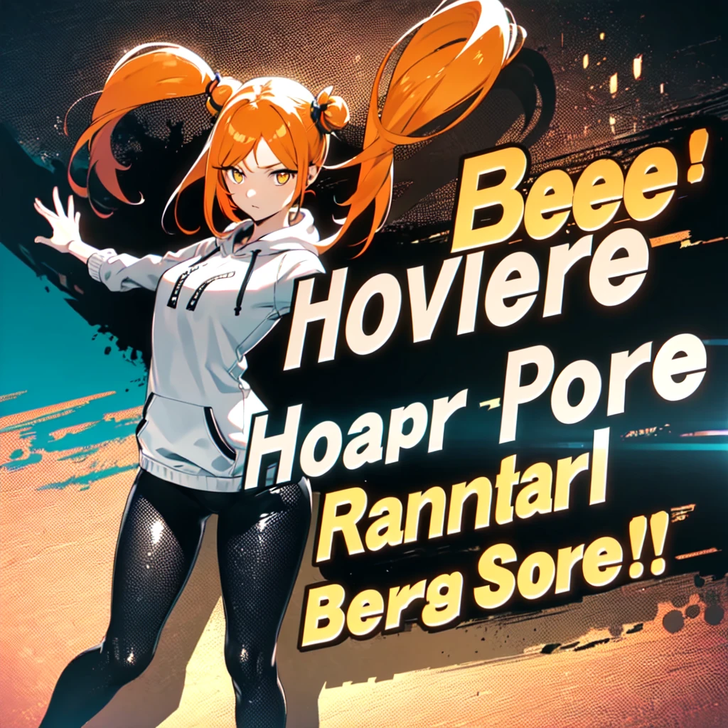 Super detailed, masterpiece, Highest quality,
alone,
SSBUS Plush Art, English text, Dynamic pose,
One girl, Redhead, (Orange eyes:0.5), (Amber Eyes:1.3), Swept-apart bangs, Parted bangs, Medium Hair, Small breasts, (tsurime:1.2), (Low twin tails:1.35),
leggings, leather jacket, Long shirt, Combat Boots, hoodie,