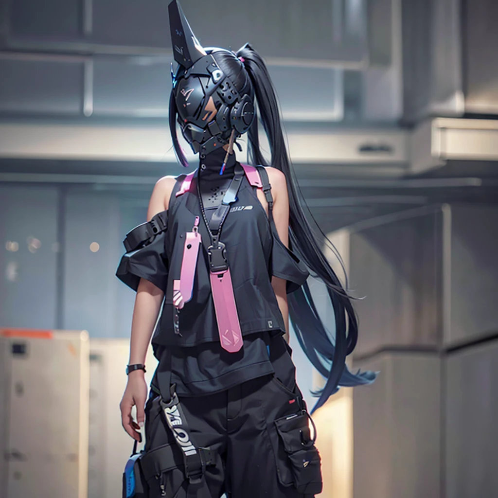 1girl, long blue twin tail hair, cyber helmet, black tank top, black cargo pants, mouth mask, covered mouth, Blur background, 8K, Hi-Res