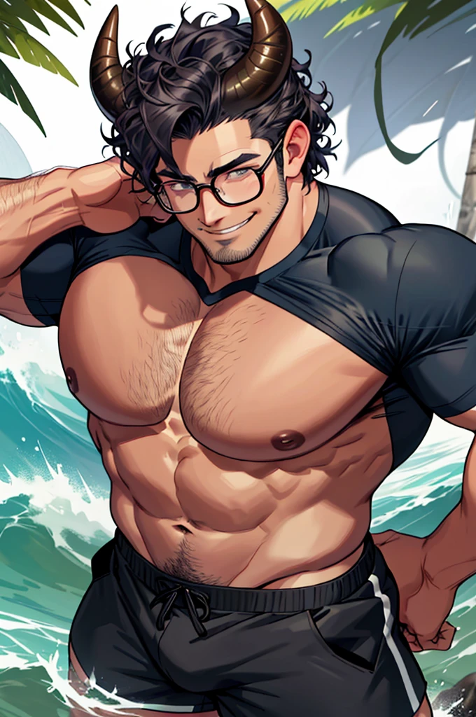 very muscular bull man, big breasts, tight shirt, small horns and bull ears, long bull tail, tight shorts showing bulge, man in forest, sexy bull man, tender face, small round horns, wears glasses, curls and waves, short but fluffy hairhairstyle with waves, man would be smiling, slightly downward camera perspective, nipples, bull ears