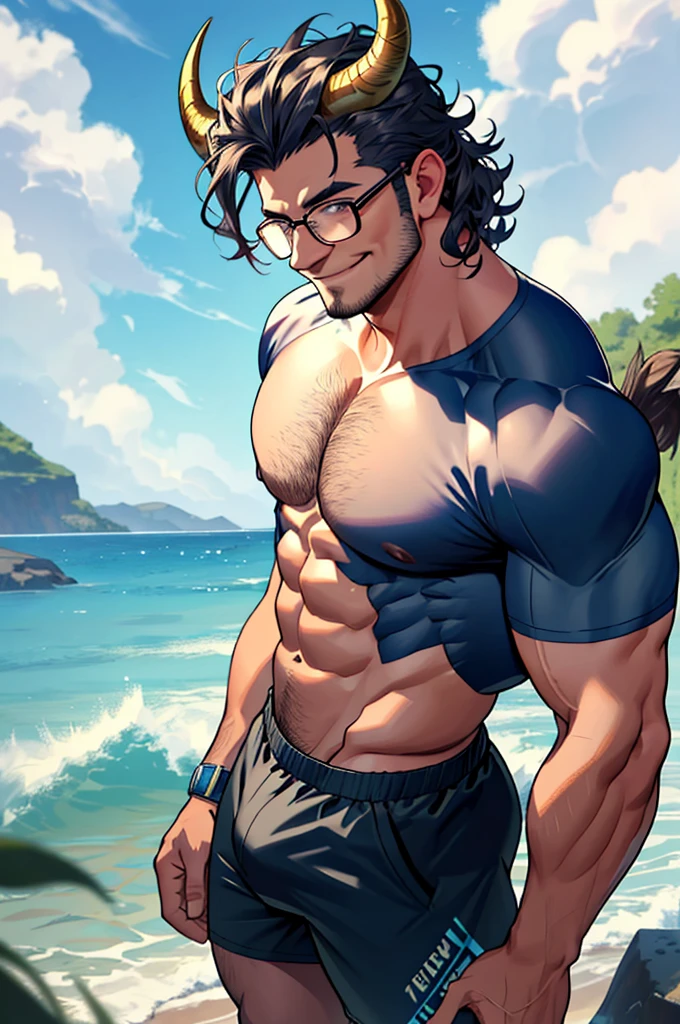 very muscular bull man, big breasts, tight shirt, small horns and bull ears, long bull tail, tight shorts showing bulge, man in forest, sexy bull man, tender face, small round horns, wears glasses, curls and waves, short but fluffy hairhairstyle with waves, man would be smiling, slightly downward camera perspective, nipples, bull ears