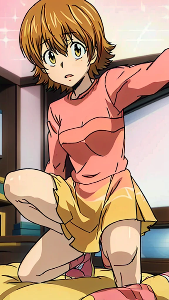 kyoko1, short hair, brown hair, (Pink shirt with Yellow dress:1.2), brown eyes, Masterpece, Full body, (masterpiece, best quality:1.2), Pink Shose, Smling, Daytime, Looking at the Viewers,
