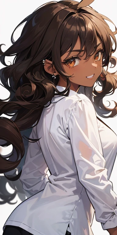 ((masterpiece)), ((Best quality)), ((anime profile style)), ((dark skin)), 20 year old girl, ((Light brown eyes)), ((ideal)), eyebrow, Nose, ear, ((ear piercing)), mouth, smile, ((teeth showing)), ((Curly hair)), neck, shoulders, Weapon, ((White long shirt)), Background