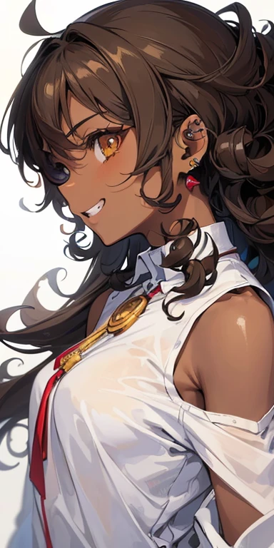 ((masterpiece)), ((Best quality)), ((anime profile style)), ((dark skin)), 20 year old girl, ((Light brown eyes)), ((ideal)), eyebrow, Nose, ear, ((ear piercing)), mouth, smile, ((teeth showing)), ((Curly hair)), neck, shoulders, Weapon, ((White long shirt)), Background