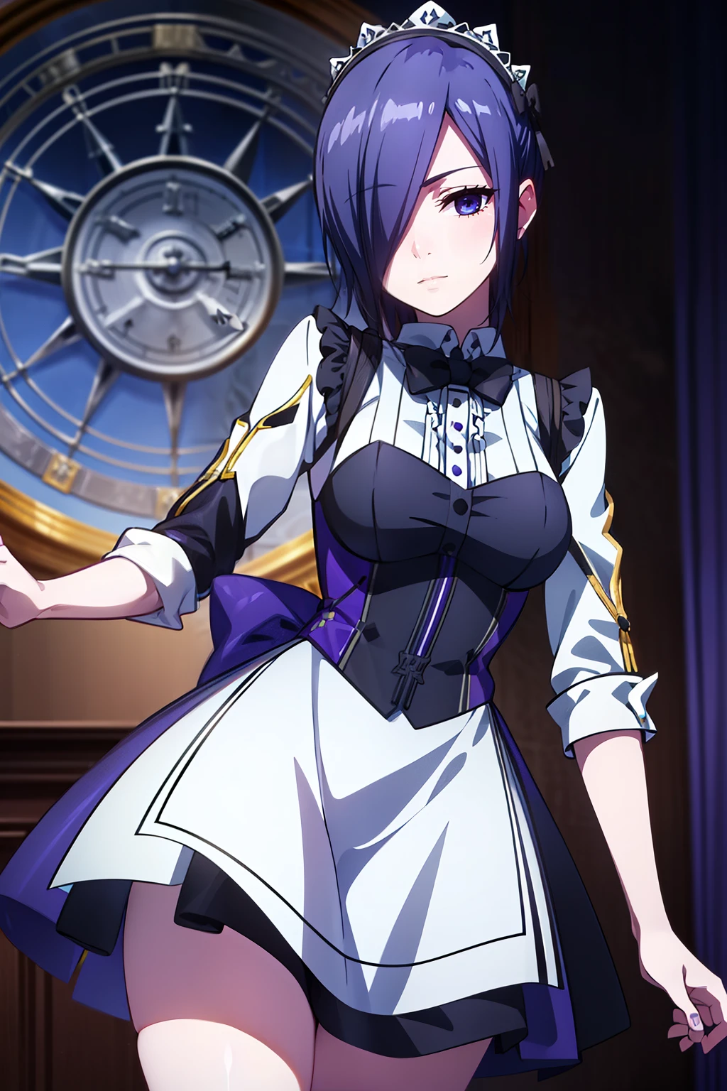 Beautiful face, beauty, white skin, purple-blue eyes, short purple-blue hair, hair covering her left eye, cute body, Cute waitress outfit, detailed black dress, white embellished apron, An ornate dress containing embellishments and bows, a castle maid's dress, black tie, castle background, Touka Kirishima, Tokyo Ghoul 