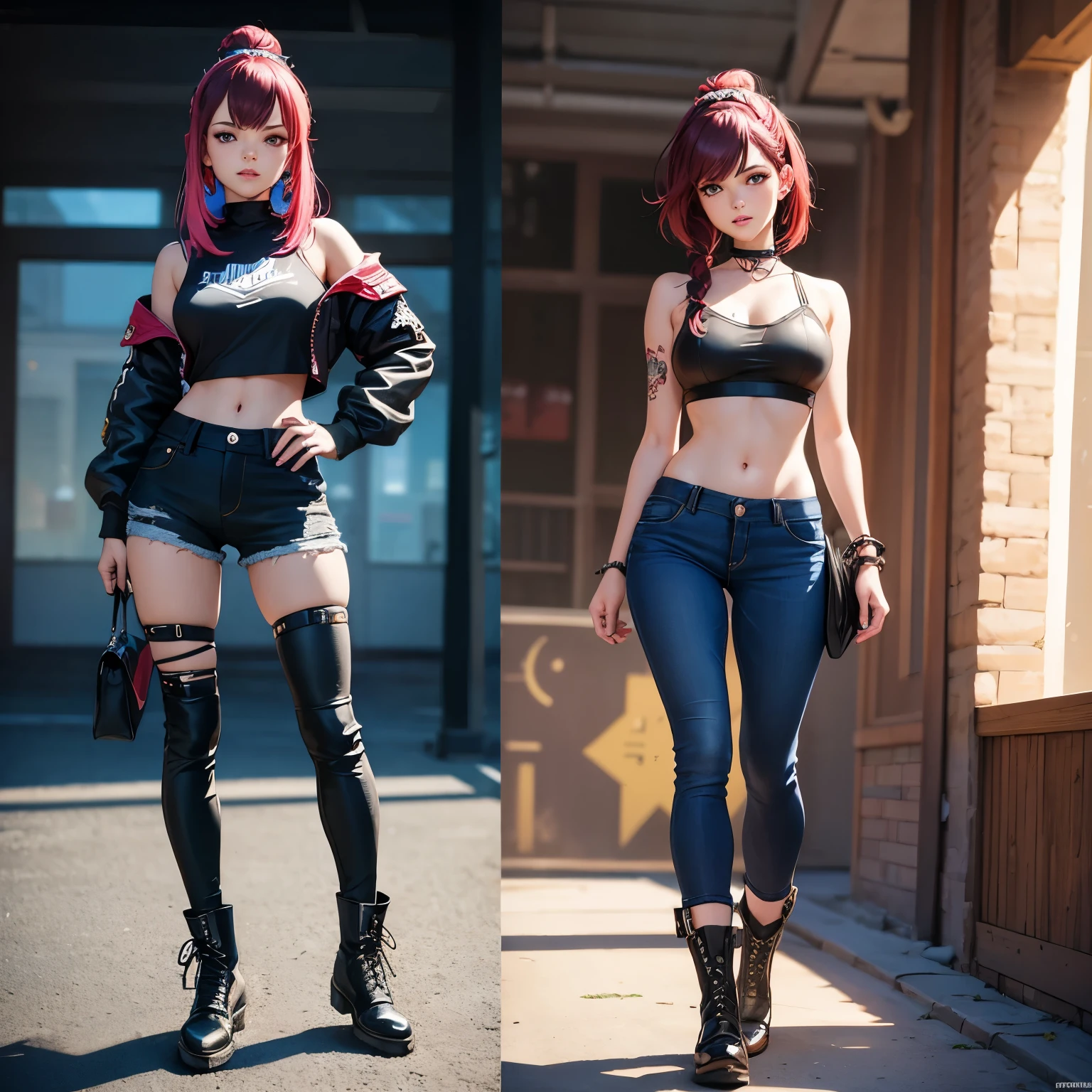 A front and back full body view of a female model in a punk-inspired outfit. The girl is depicted in a playful and vibrant manner, similar to the style shown in the reference image. She wears a High-waisted jeans with a crop top, flannel shirt, and combat boots. Her hair is styled in edgy punk manner, and she has a friendly and approachable expression. The front view shows her standing confidently, while the back view highlights the details of her outfit and hairstyle. The overall design is clean and colorful. Highly detailed, 8k, smooth, sharp focus, trending on artstation, digital painting, by Stanley Artgerm Lau, WLOP, Rossdraws, James Jean, Andrei Riabovitchev, Marc Simonetti, and Sakimichan, 