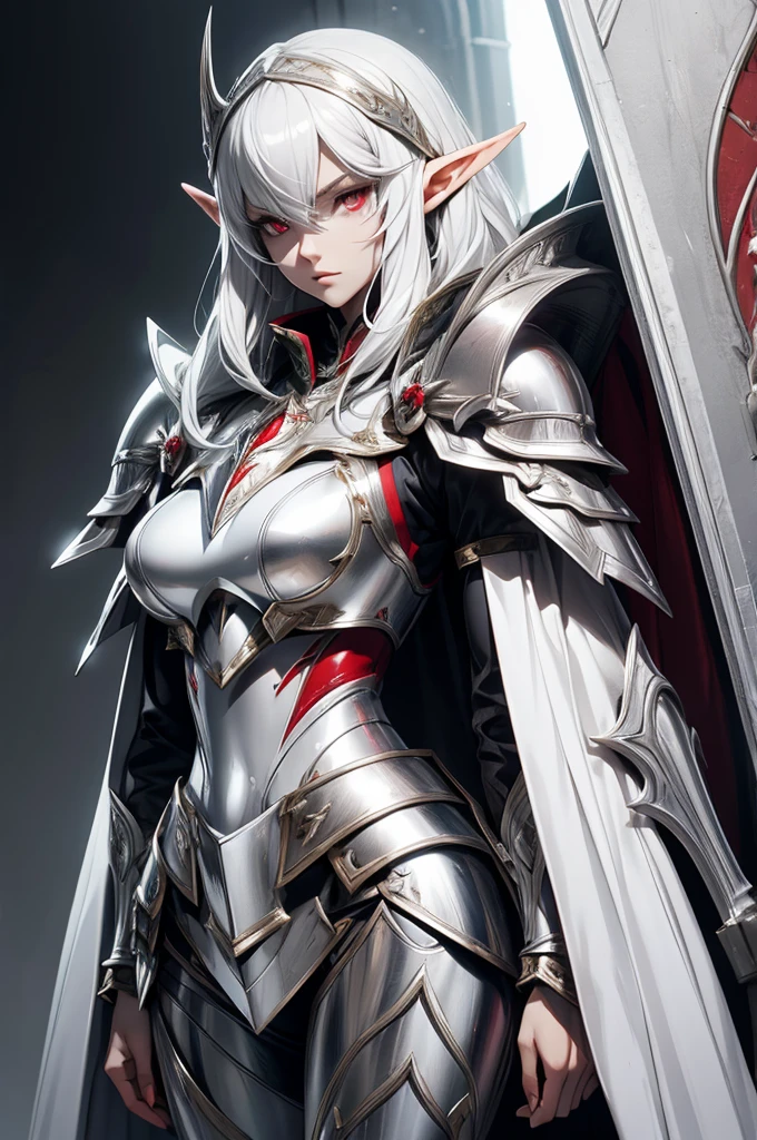 female elf knight, full body art, silver hair, white skin, red iris eye, knight full plate adorned armor, silver cape, perfectly detailed