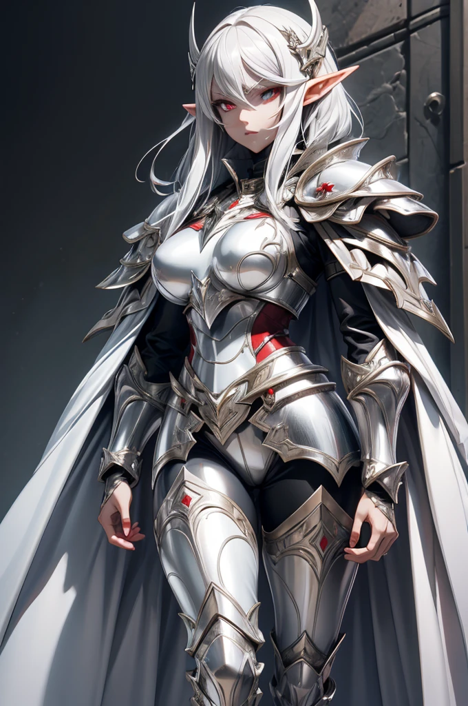 female elf knight, full body art, silver hair, white skin, red iris eye, knight full plate adorned armor, silver cape, perfectly detailed