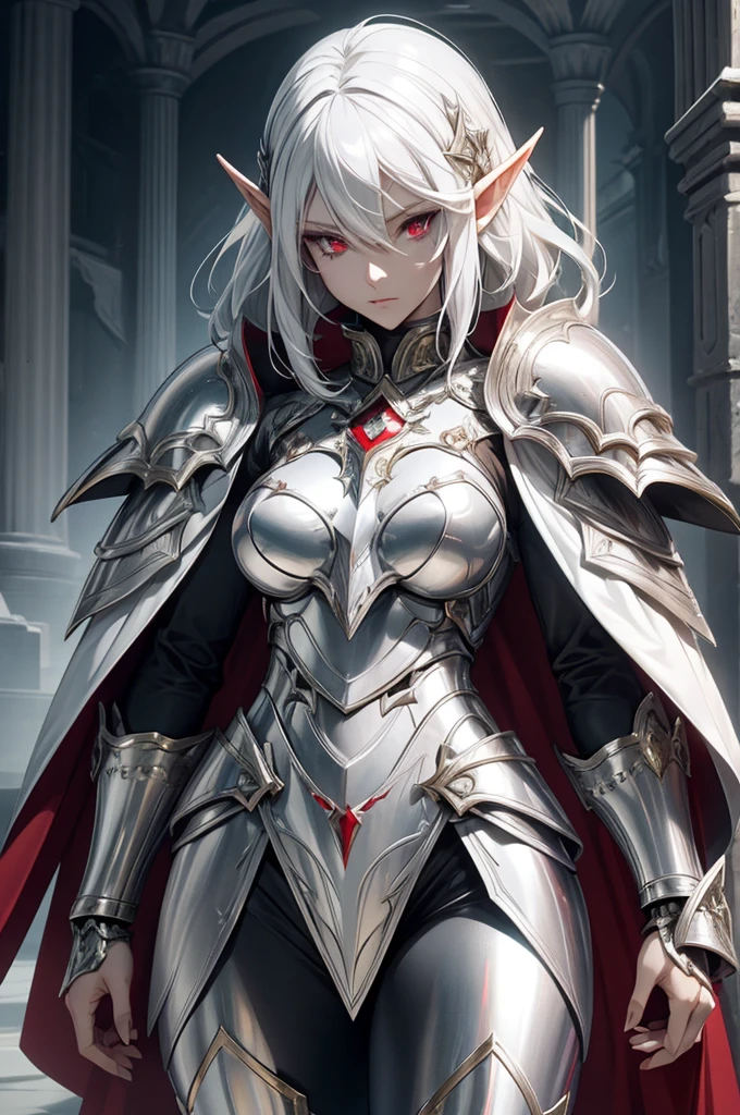 female elf knight, full body art, silver hair, white skin, red iris eye, knight full plate adorned armor, silver cape, perfectly detailed