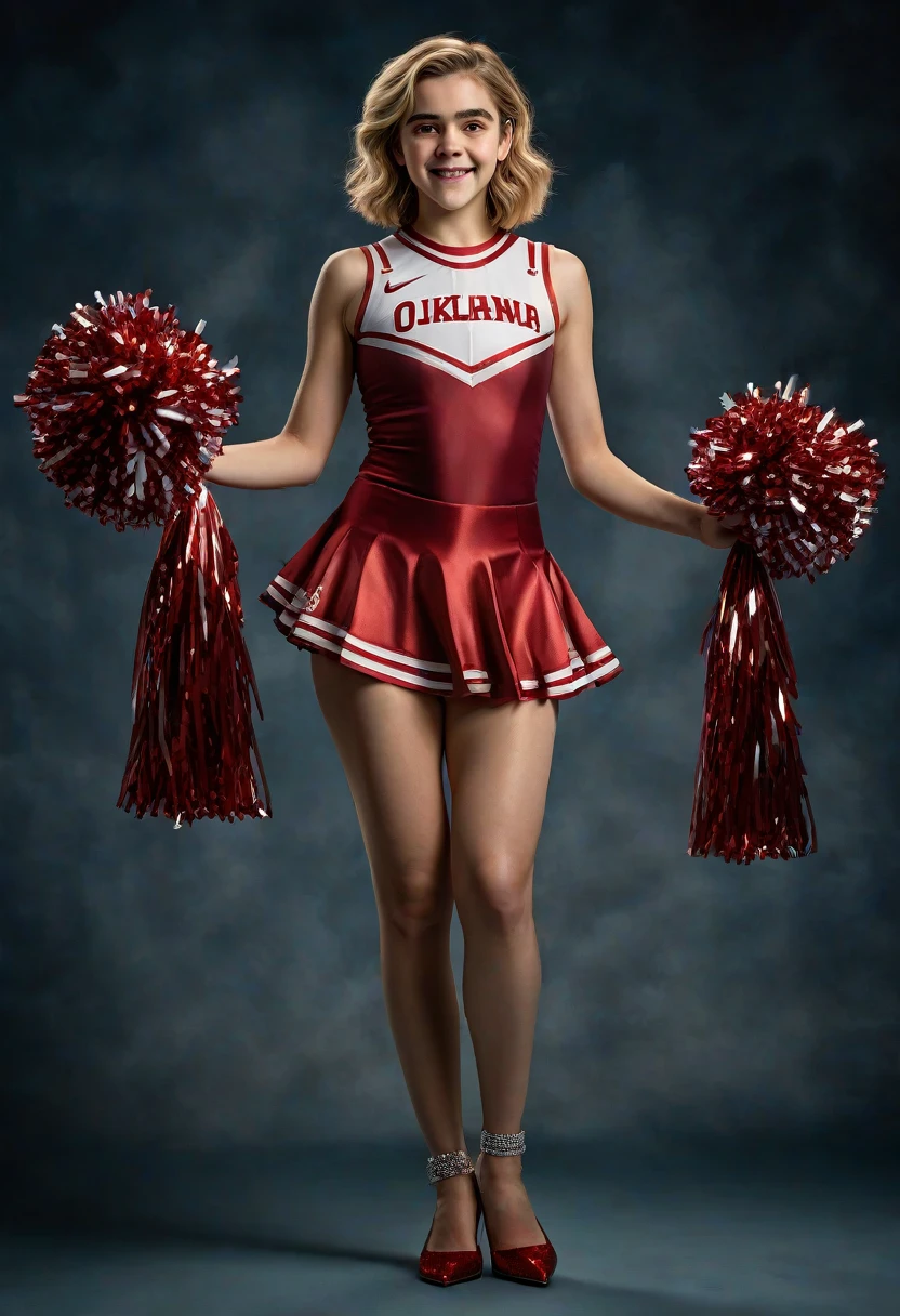 1girl, Kiernan Shipka, full length portrait, University of Oklahoma cheerleader uniform, sheer shimmering silky shiny tan pantyhose by L'eggs, 5 inch scarlet high heels, holding pompoms, cheering, studio photo shoot, photorealistic, (best quality,8k,highres,masterpiece:1.2),ultra-detailed,(realistic,photorealistic,photo-realistic:1.37),HDR,UHD,studio lighting,extreme detail description,professional,vivid colors,dramatic lighting,dynamic pose