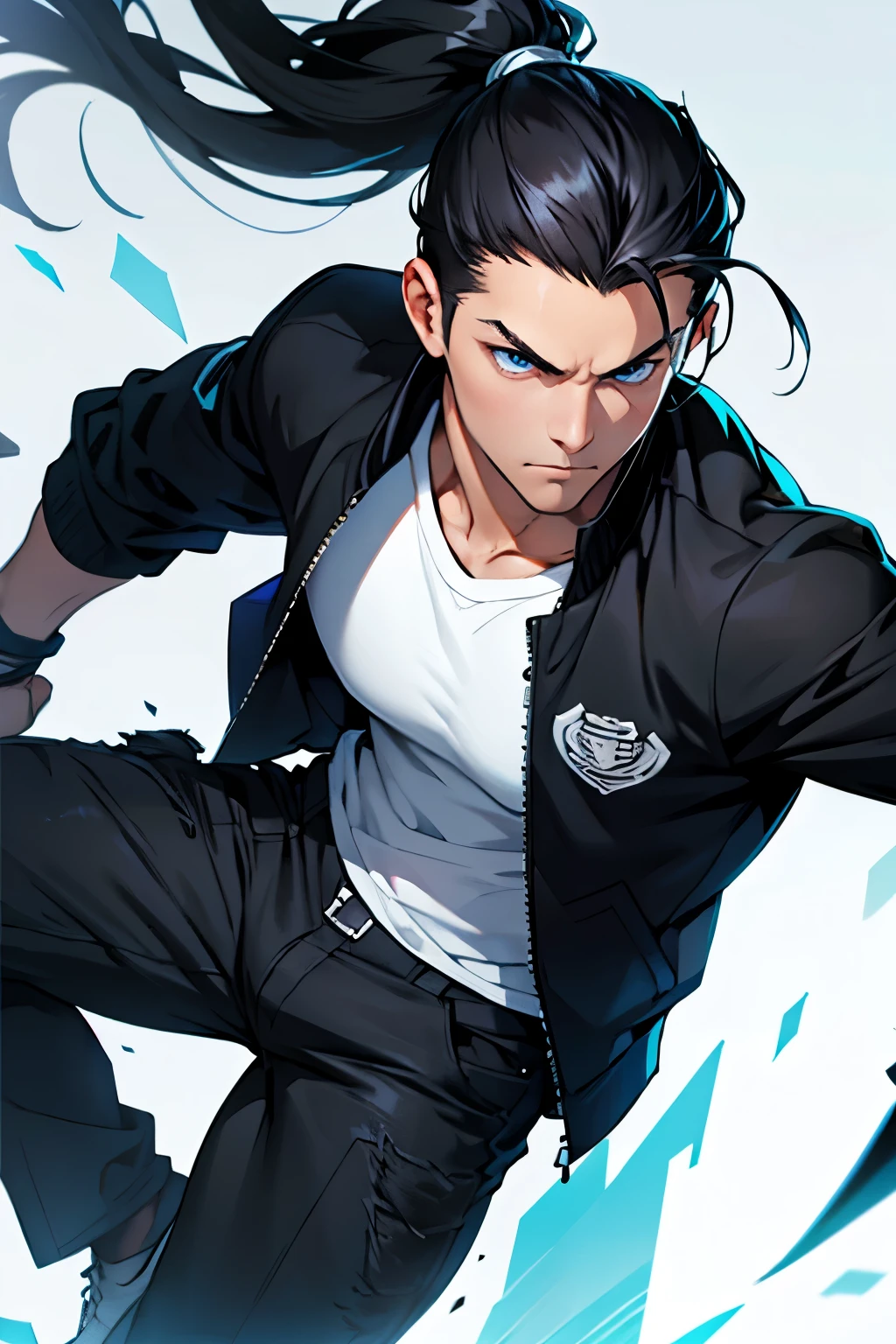 white young man, BLUE eyes, tall, black hair, casual clothes, long hair, ponytail, stern face, action pose