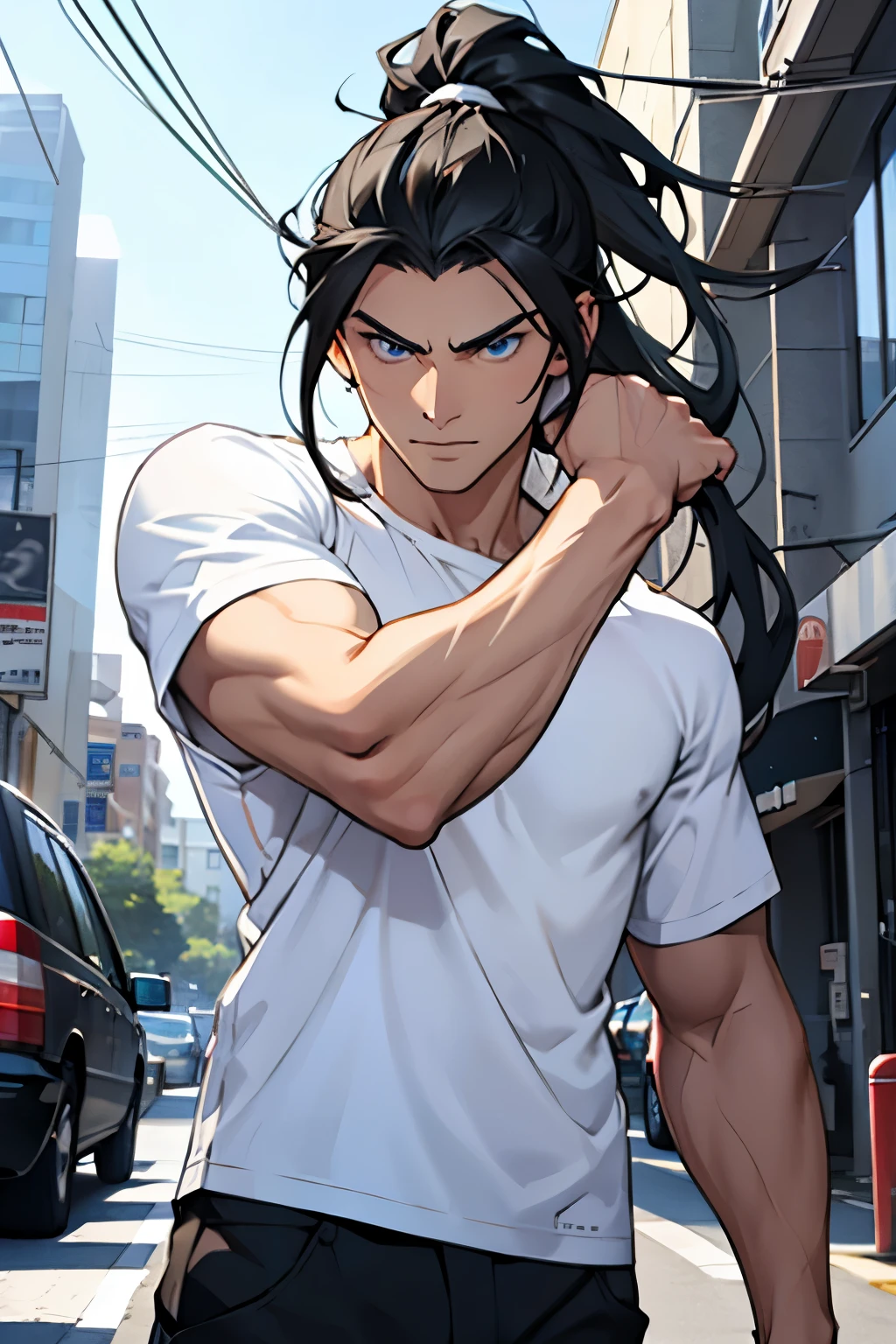white young man, BLUE eyes, tall, black hair, casual clothes, long hair, ponytail, stern face, action pose