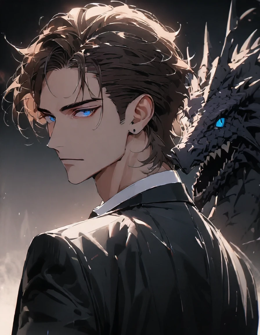 portrait. Half body.look back. A man in a suit has his back to the camera. handsome,Dark portrait. 8K quality., Raw Work, (brown hair),(blue eyes), (Black suit), (background: great black dragon)