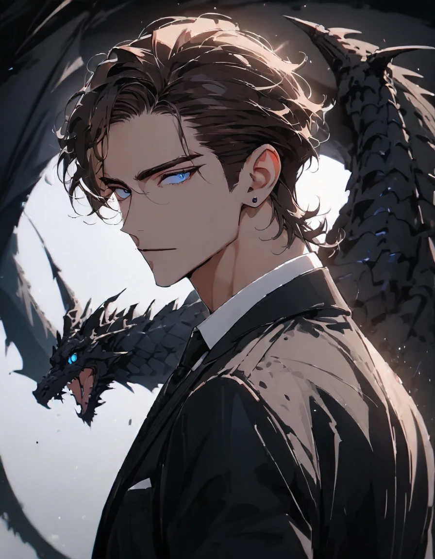 portrait. Half body.look back. A man in a suit has his back to the camera. handsome,Dark portrait. 8K quality., Raw Work, (brown hair),(blue eyes), (Black suit), (background: great black dragon)