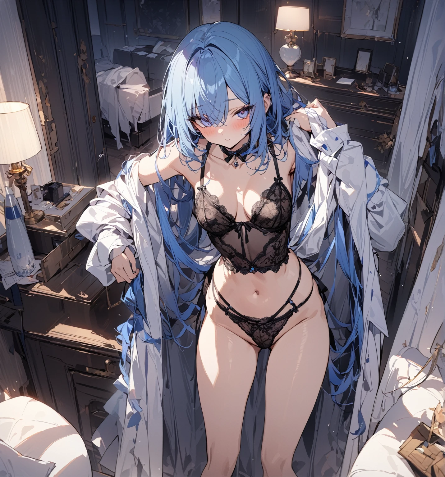 masterpiece, Highest quality, Rem, One Girl, lingerie,Beautiful Eyes,Blue Hair,whole body,Are standing