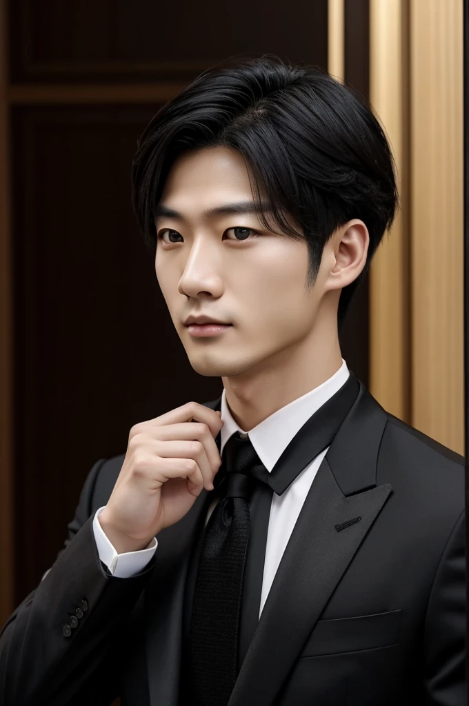 I want a Korean guy about 25 years old, pale skin, amber eyes, cabello negro, y con un traje negro I want a Korean guy about 25 years old, pale skin, amber eyes, cabello negro, corte de cabello librito, con un traje negro y Realista 