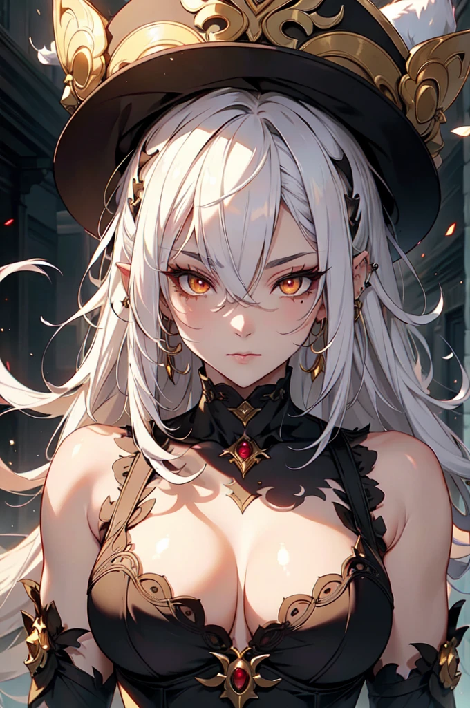 1 woman, white hair, demon, muscular, mushroom hat, cat boy, golden eyes, Cinematic Lighting, ethereal light, intricate details, masterpiece, best quality, HDR, clear eyes, seductive, sultry, UwU, piercings, portrait