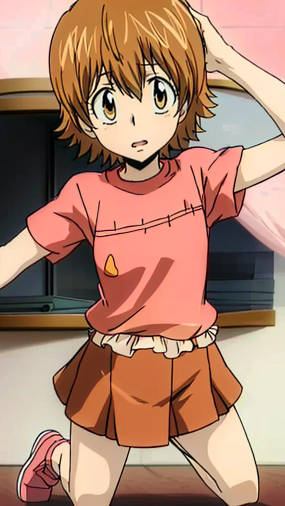 kyoko1, short hair, brown hair, Pink shirt, Red skirt, brown eyes, Masterpece, Full body, (masterpiece, best quality:1.2), Pink Shose, Smling, Daytime, Looking at the Viewers,