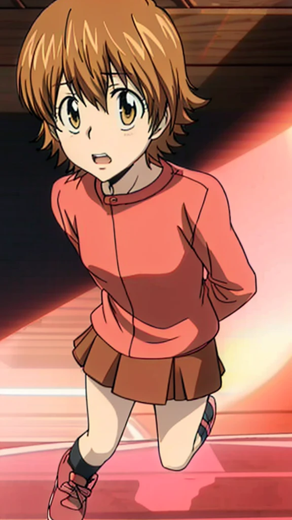 kyoko1, short hair, brown hair, Pink shirt, Red skirt, brown eyes, Masterpece, Full body, (masterpiece, best quality:1.2), Pink Shose, Smling, Daytime, Looking at the Viewers,