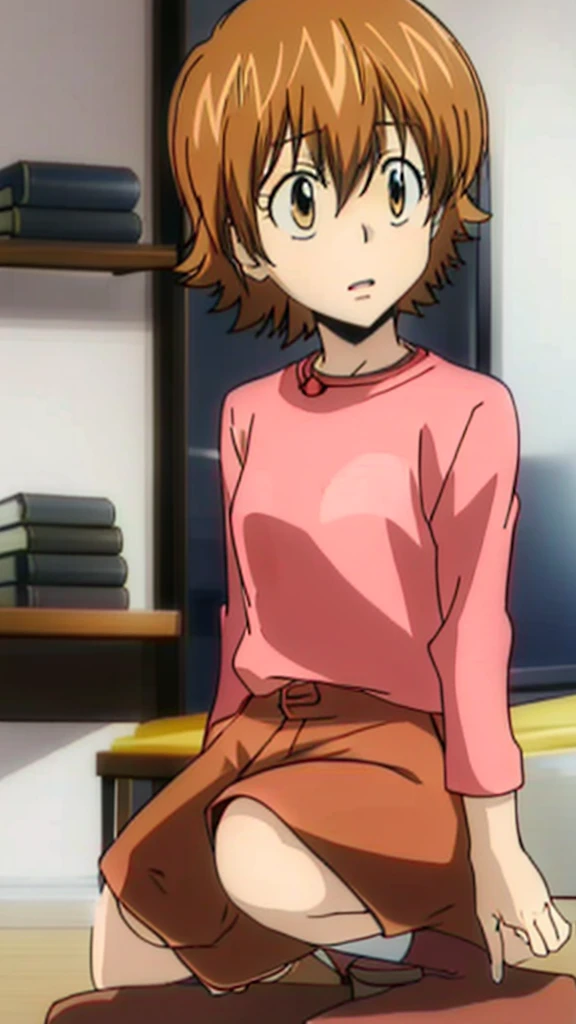 kyoko1, short hair, brown hair, Pink shirt, Red skirt, brown eyes, Masterpece, Full body, (masterpiece, best quality:1.2), Pink Shose, Smling, Daytime, Looking at the Viewers,