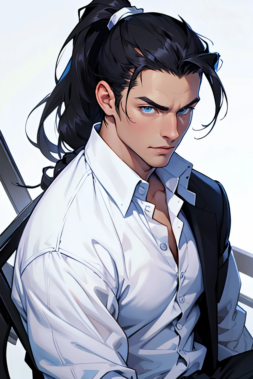 portrait, cowboy shoot, stern face, white young man, BLUE eyes, tall, white shirt, black pants, black hair, casual clothes, ponytail