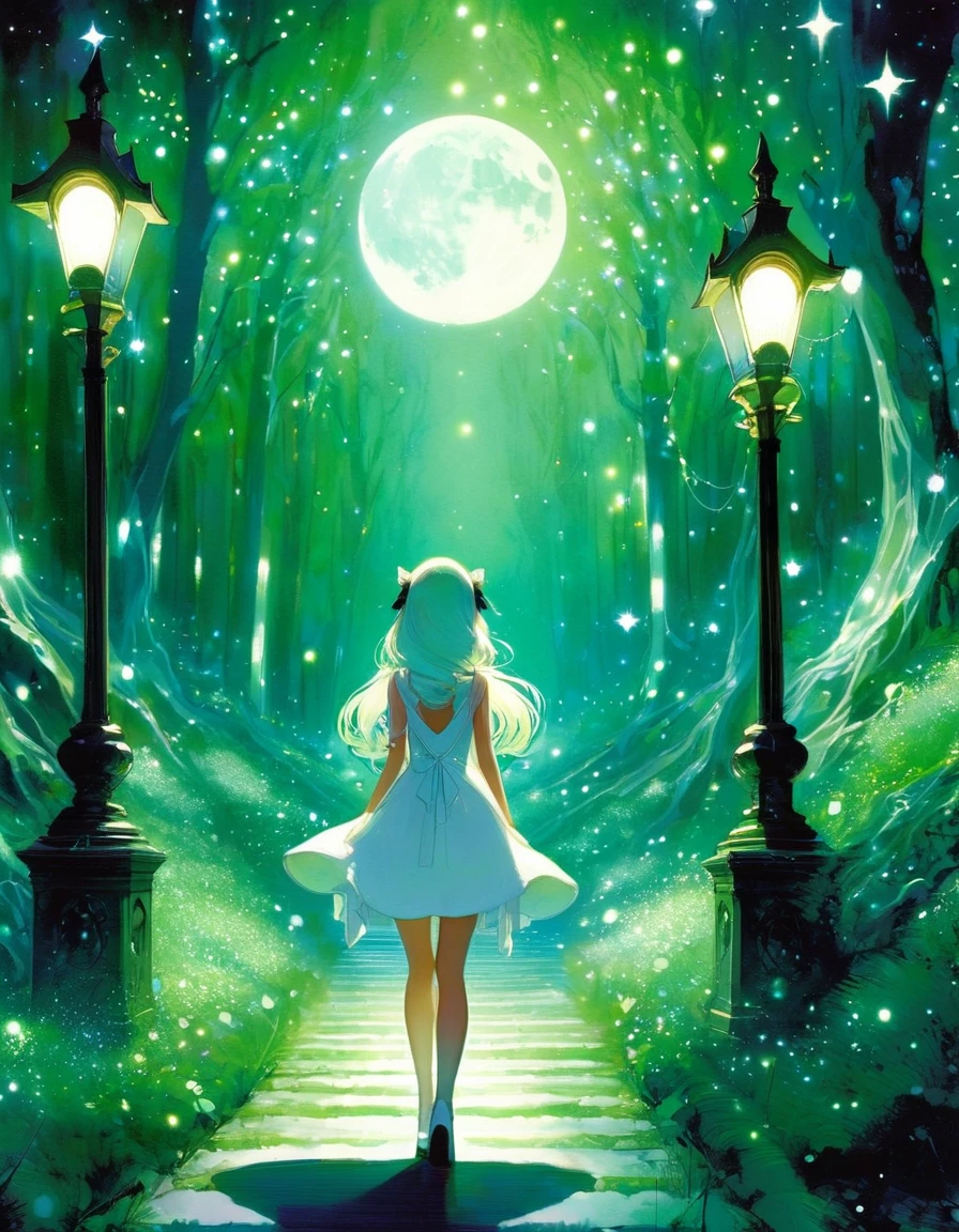 {green and white theme, fantasy world}, 1girl, solo, alone, white one piece dress, looking back, walking through forest, house, tree, lamppost, moon, starry sky, sparkling, star\(symbol\), pixiev, pixiv art, masterpiece, best quality, ultra detailed, whitetown,(art inspired by Bill Sienkiewicz). oil painting)