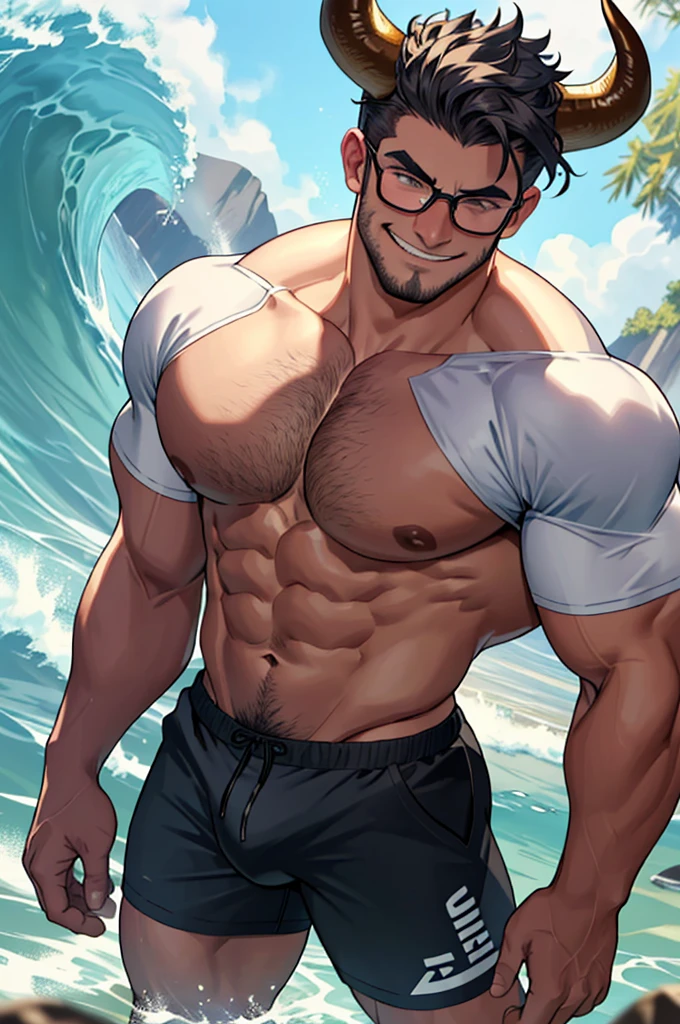 very muscular bull man, shirtless, big breasts, tight shirt, small horns and bull ears, long bull tail, tight shorts showing bulge, man in forest, sexy bull man, tender face, small round horns, wears glasses, curls and waves, short but fluffy hairhairstyle with waves, man would be smiling, slightly downward camera perspective, nipples, bull ears 