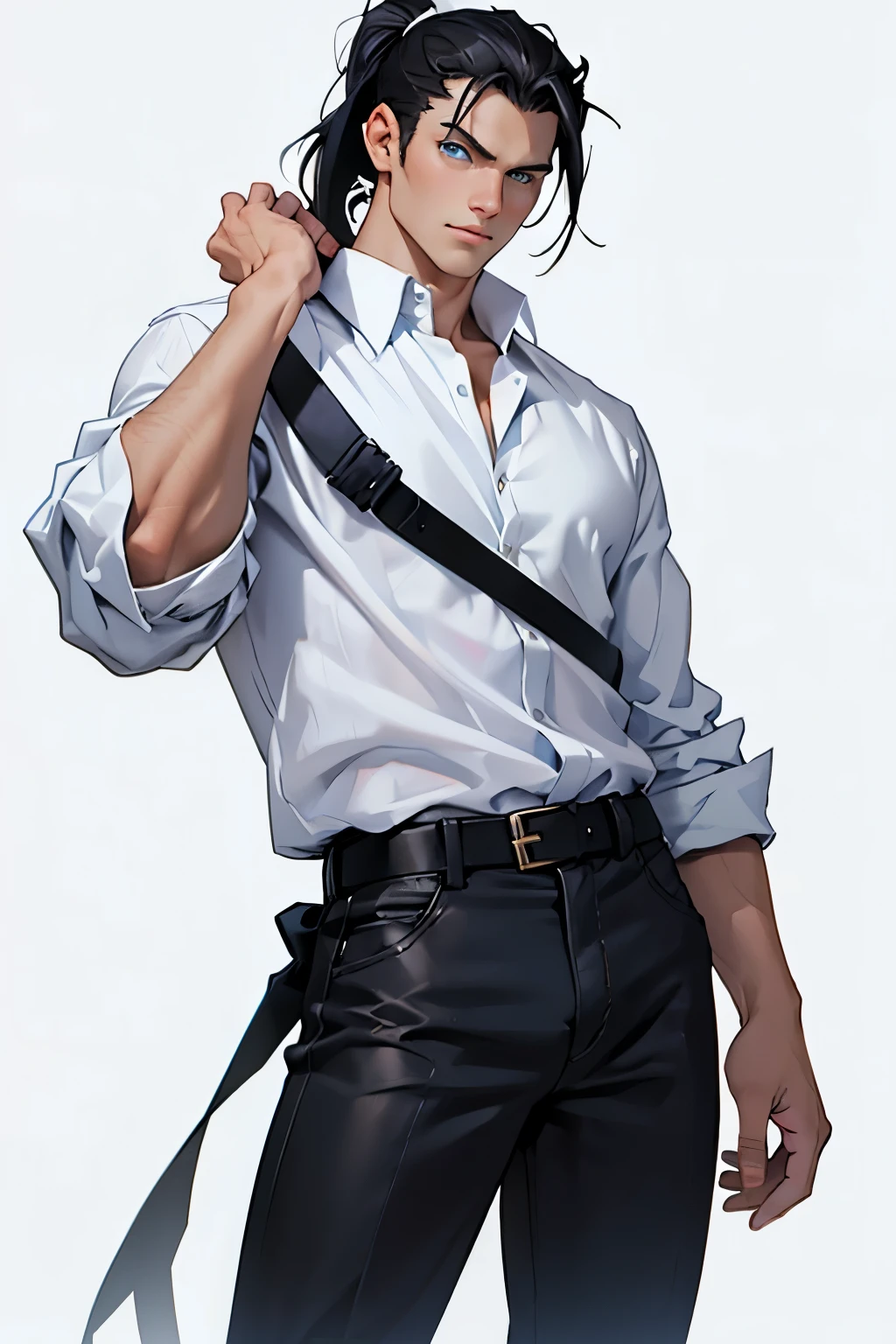 portrait, cowboy shoot, stern face, white young man, BLUE eyes, tall, white shirt, black pants, black hair, casual clothes, ponytail