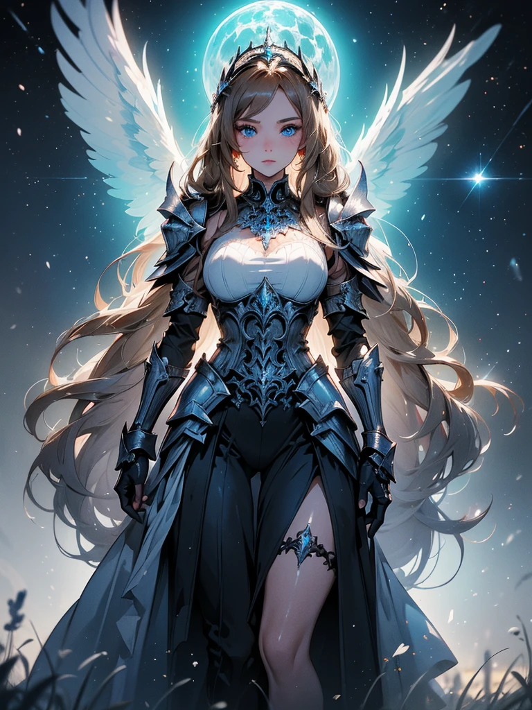 (((masterpiece))) (((highest quality))) (((8k resolution))) Queen in power armor, (gothic style), (full body shot 1.2), bellybutton, The most beautiful and sexy angel goddess, with long light brown hair, and glowing blue eyes, wearing intricate white gothic battle armor, angel wings, standing majestically in front of a gothic castle. ((perfect illumination)), a radiant glowing aura surrounds her, highlighting her divine presence and ethereal beauty, as she stands ready to defend her realm. The intricate details of her armor shimmer under the moonlight, and her angelic wings spread wide, casting an awe-inspiring shadow. Her glowing blue eyes exude both kindness and immense power, making her the epitome of grace and strength.