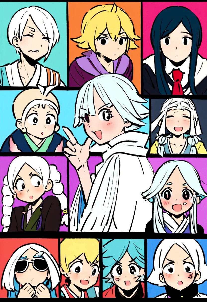 Chica japonesa de pelo blanco ,expresion seria y alegre a la vez,vestida con kimono 👘 conviviendo con un chico estadounidense,de color de pelo de su bandera de estados unidos y usando lentes