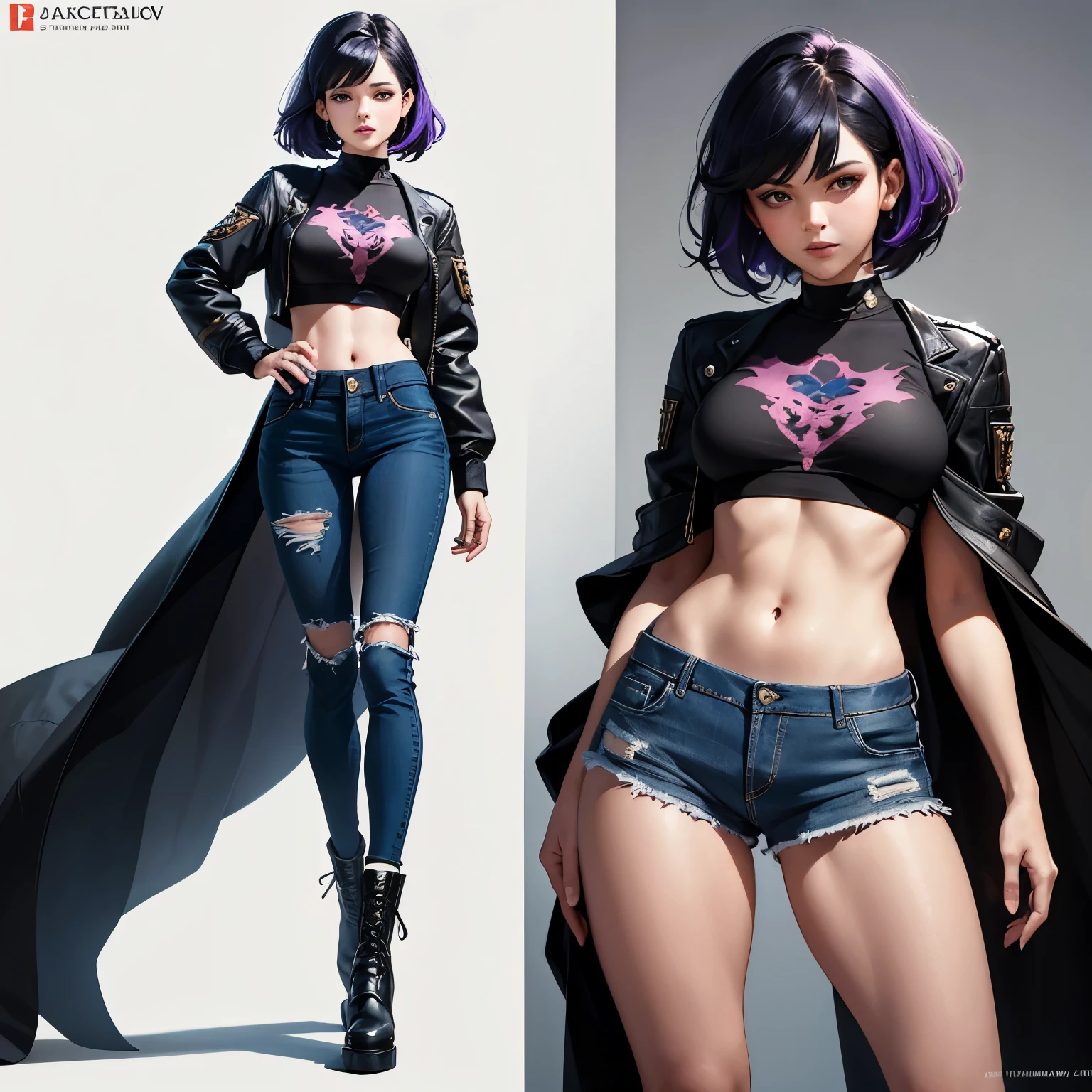 A front and back full body view of a female model in a punk-inspired outfit. The girl is depicted in a playful and vibrant manner, similar to the style shown in the reference image. She wears a High-waisted jeans with a crop top, flannel shirt, and combat boots. Her hair is styled in edgy punk manner, and she has a friendly and approachable expression. The front view shows her standing confidently, while the back view highlights the details of her outfit and hairstyle. The overall design is clean and colorful. Highly detailed, 8k, smooth, sharp focus, trending on artstation, digital painting, by Stanley Artgerm Lau, WLOP, Rossdraws, James Jean, Andrei Riabovitchev, Marc Simonetti, and Sakimichan,