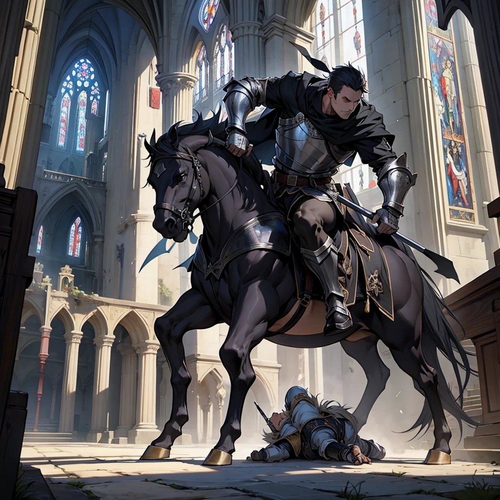 Anime fight, fighting knights, epic battle, in gothic church, super detailed
