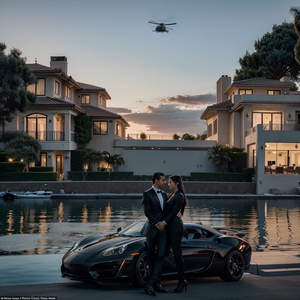 Envision a luxurious Los Angeles mansion at dusk, with a display of high-end cars and sports motorcycles in front. A helicopter hovers above, and yachts dock at the private pier. An elegant couple stands prominently, dressed in fine attire, gazing towards a future as bright as the setting sun. The scene epitomizes the pinnacle of wealth and success.