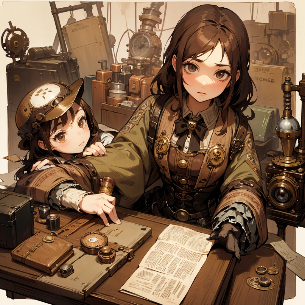 Rag doll with button eyes (brown hair) (steampunk) on a desk
