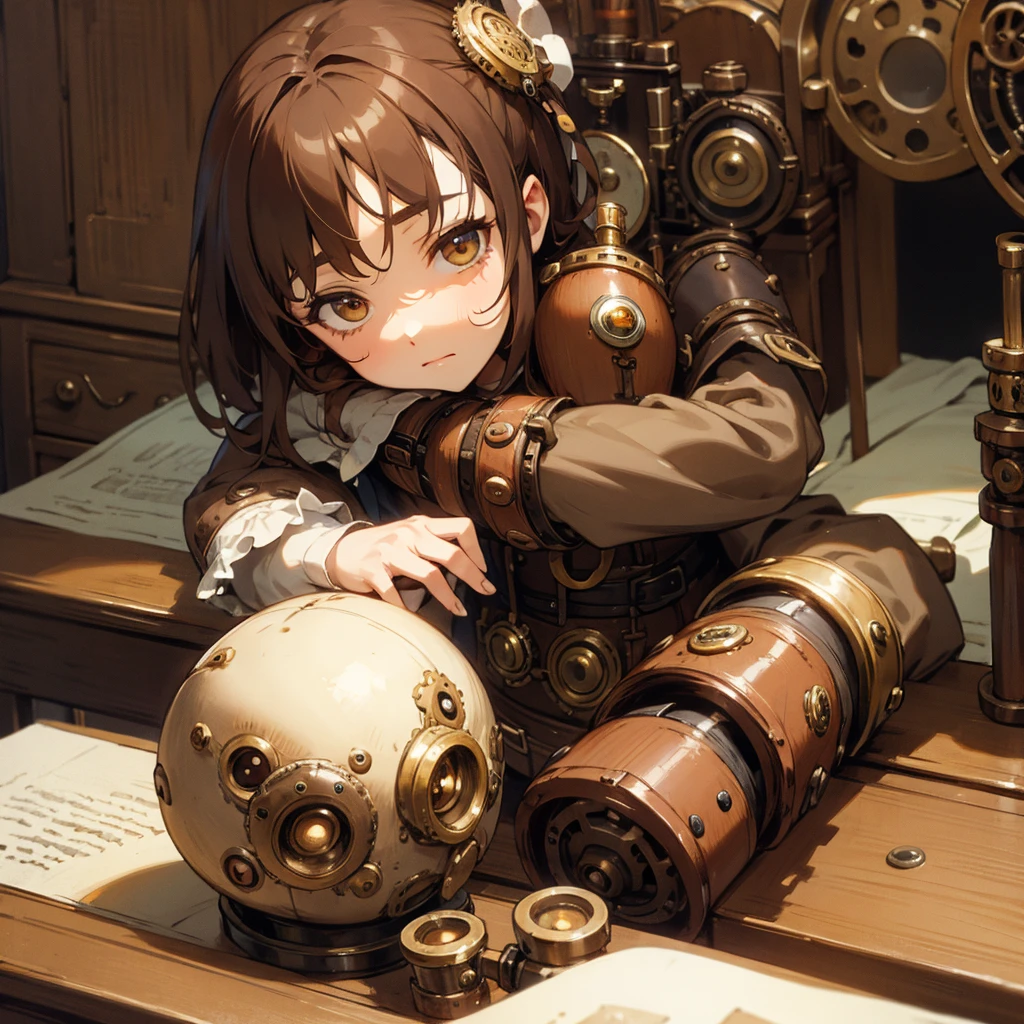 Rag doll with button eyes (brown hair) (steampunk) on a desk