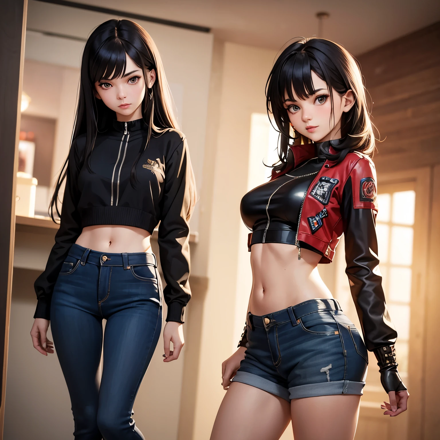 A front and back full body view of a female model in a punk-inspired outfit. The girl is depicted in a playful and vibrant manner, similar to the style shown in the reference image. She wears a High-waisted jeans with a crop top, flannel shirt, and combat boots. Her hair is styled in edgy punk manner, and she has a friendly and approachable expression. The front view shows her standing confidently, while the back view highlights the details of her outfit and hairstyle. The overall design is clean and colorful. Highly detailed, 8k, smooth, sharp focus, trending on artstation, digital painting, by Stanley Artgerm Lau, WLOP, Rossdraws, James Jean, Andrei Riabovitchev, Marc Simonetti, and Sakimichan,