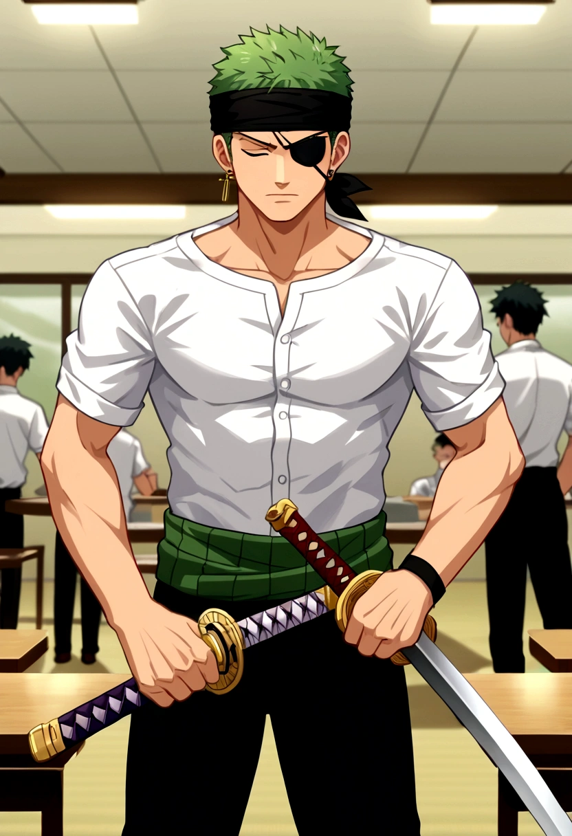 check_9, check_8_up, check_7_up, BREAK, source_Anime, 1 boy, Roronoa Zoro, Looking at the viewer, standing, in room, restaurant, One, male focus,Black bandana, White shirt, short sleeves, black trousers, single earring, holding two a swords, a sword, katana, field, the forest, Serious, (closed eyes, eye patch), Anime screenshot, Anime screencap, Anime coloring, dramatic composition, Cinematic lighting, (masterpiece, Best quality, professional, perfect composition, very aesthetic, absurdity, ultra detailed, complex parts:1.3)