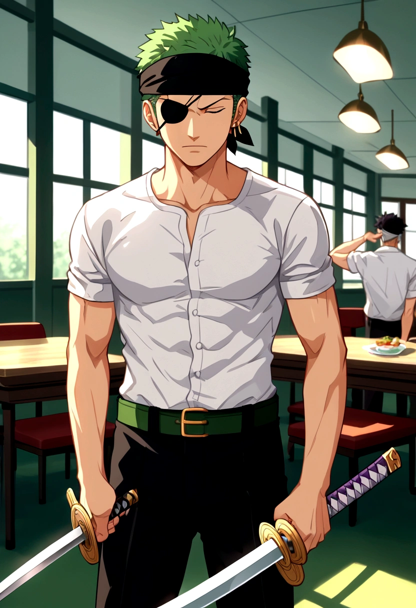 check_9, check_8_up, check_7_up, BREAK, source_Anime, 1 boy, Roronoa Zoro, Looking at the viewer, standing, in room, restaurant, One, male focus,Black bandana, White shirt, short sleeves, black trousers, single earring, holding two a swords, a sword, katana, field, the forest, Serious, (closed eyes, eye patch), Anime screenshot, Anime screencap, Anime coloring, dramatic composition, Cinematic lighting, (masterpiece, Best quality, professional, perfect composition, very aesthetic, absurdity, ultra detailed, complex parts:1.3)