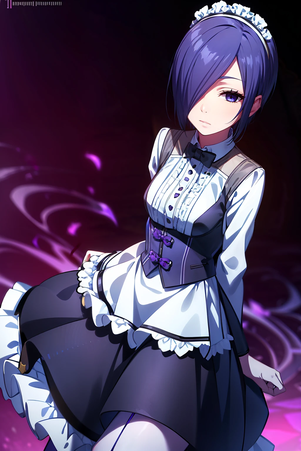 Beautiful face, beauty, white skin, purple-blue eyes, short purple-blue hair, hair covering her left eye, cute body, Cute waitress outfit, detailed black dress, white embellished apron, An ornate dress containing embellishments and bows, a castle maid's dress, black tie, castle background, Touka Kirishima, Tokyo Ghoul 