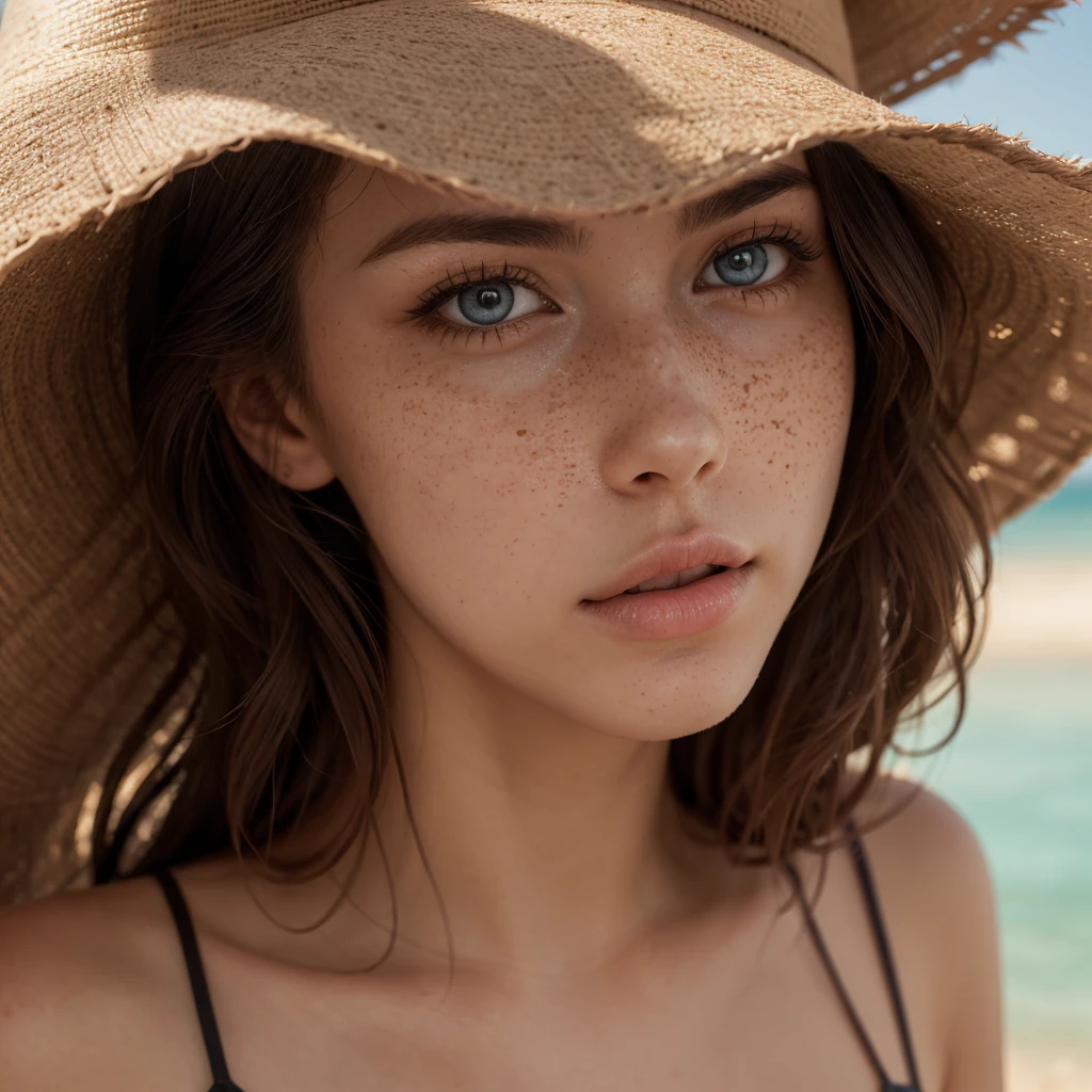 woman with long brown hair, a bit curly hair, photo of a beautiful woman, NSFW, nude, C size tits, beautiful young woman, gorgeous attractive face, attractive woman, beautiful fine face features, gorgeous woman, soft portrait shot 8 k, tanned beauty portrait, attractive beautiful face, close up portrait of a beautiful, young beautiful woman, instameow, a few face freckles, jaw line, blue eyes, gorgeous nose, gorgeous face, long hair, full body shot, cute posing, homemade lighting, professional shoot, standing in the beach between two palms, colorful hat