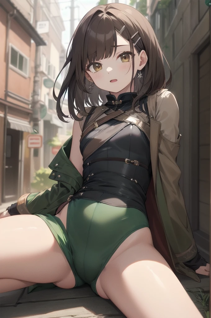 extremely detailed,
(Ellen 18-years-old, short dark layered hair, Brown-eyed, small breast:1.0), hair clips 
Fantasy green rogue outfit, alley, spread legs, groin 