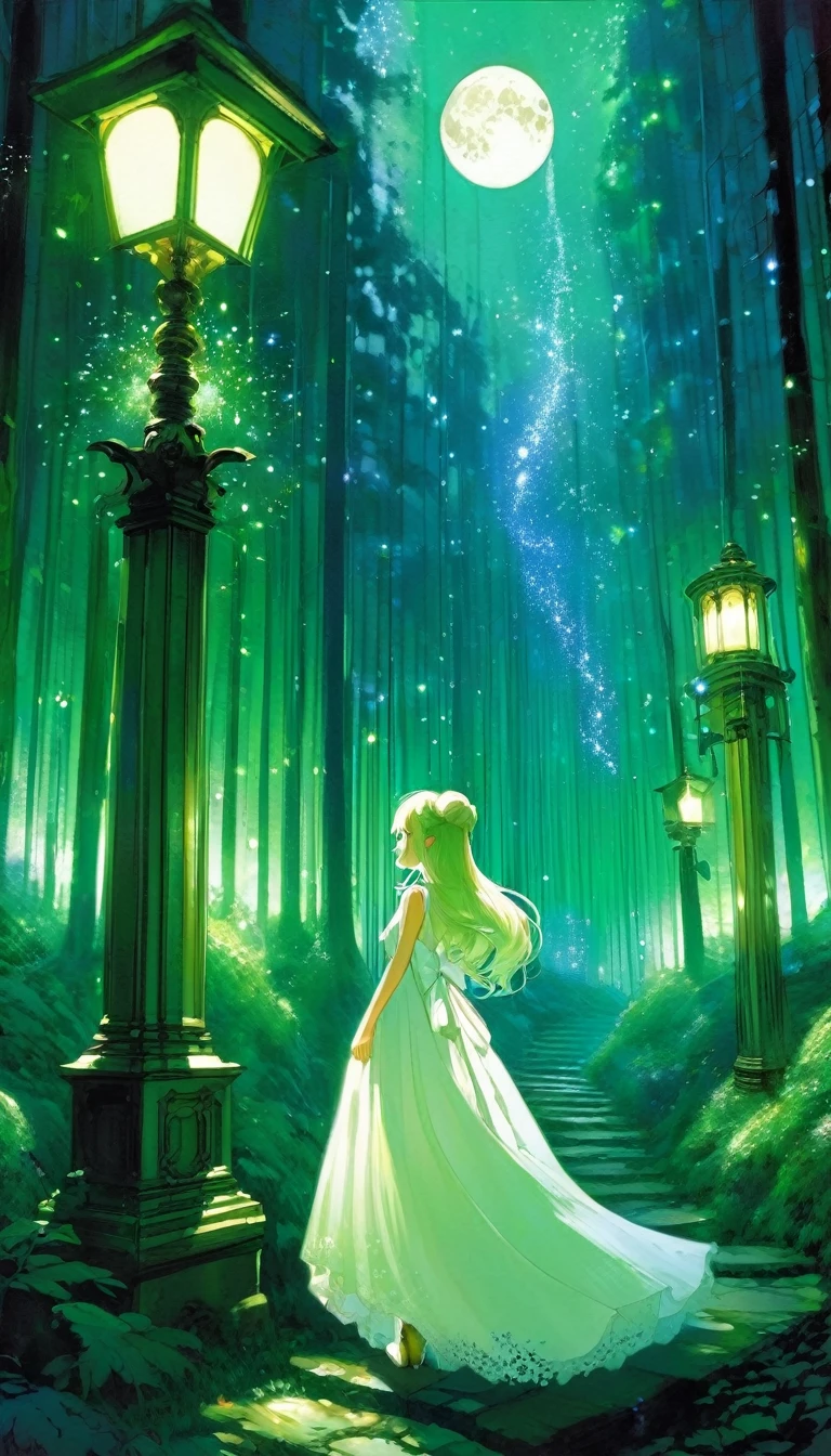 {green and white theme, fantasy world}, 1girl, solo, alone, white one piece dress, looking back, walking through forest, house, tree, lamppost, moon, starry sky, sparkling, star\(symbol\), pixiev, pixiv art, masterpiece, best quality, ultra detailed, whitetown,(art inspired by Bill Sienkiewicz). oil painting)
